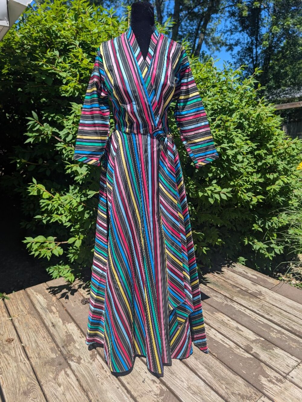 VTG Maxan Rainbow Wrap Dress Hostess Gown |  1940 1950s Stripe Midi Maxi Size 10